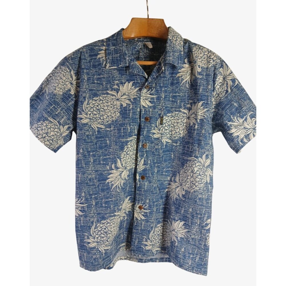 Palmwave Mens Blue Hawaiian Shirt Pineapple Size L Short Sleeve Aloha Beach